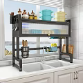 Practical Black Metal Kitchen Shelf Rack Above Sink With Cookware And Utensils Storage
