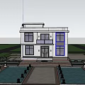 Modern Two Story Detached Villa With Large Glass Windows Stone Pathway And Green Trees