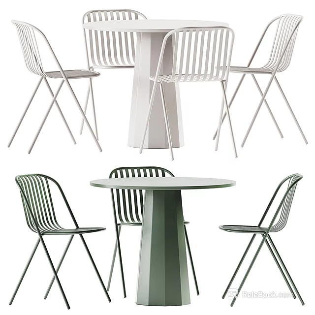 Modern Round Table With Striped Chairs In White And Green Tapered Leg Design 3d model 