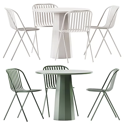 Modern Round Table With Striped Chairs In White And Green Tapered Leg Design 3d model