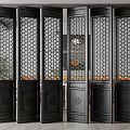 Chinese Style Black Room Divider With Hexagonal Pattern And Decorative Panels