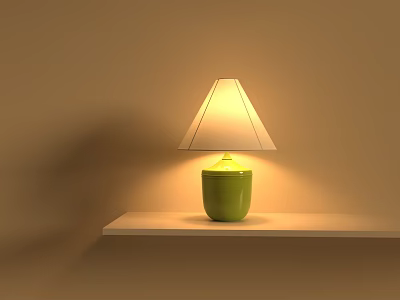 Illuminated Green Base Table Lamp With White Lampshade On White Shelf Beige Wall 3d model