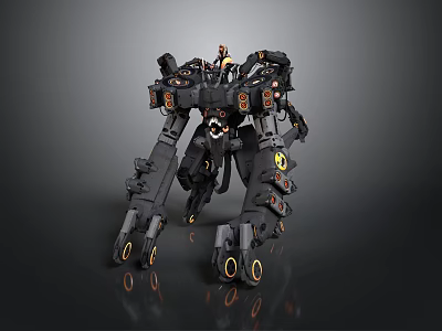 Game and Movie Mech Character With Detailed Black Design Yellow Accents And Mechanical Legs 3d model