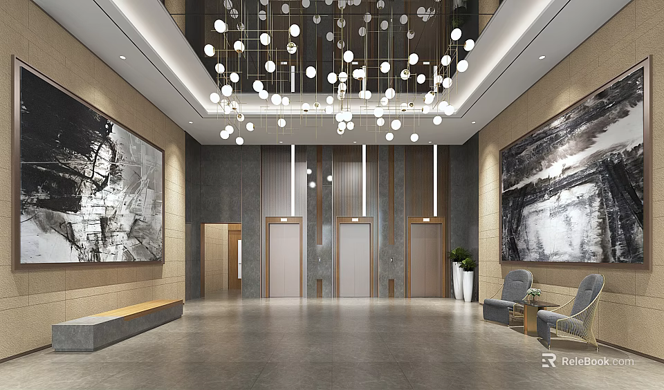 Stylish Front Desk Reception Lobby With Modern Chandelier Elevators Wooden Bench And Paintings 3d model 