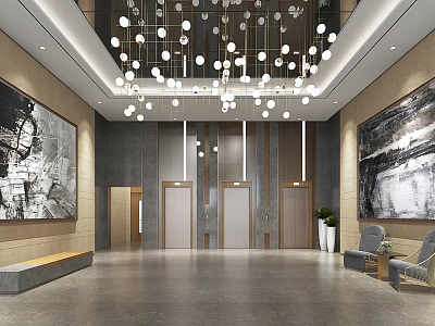 Stylish Front Desk Reception Lobby With Modern Chandelier Elevators Wooden Bench And Paintings 3d model
