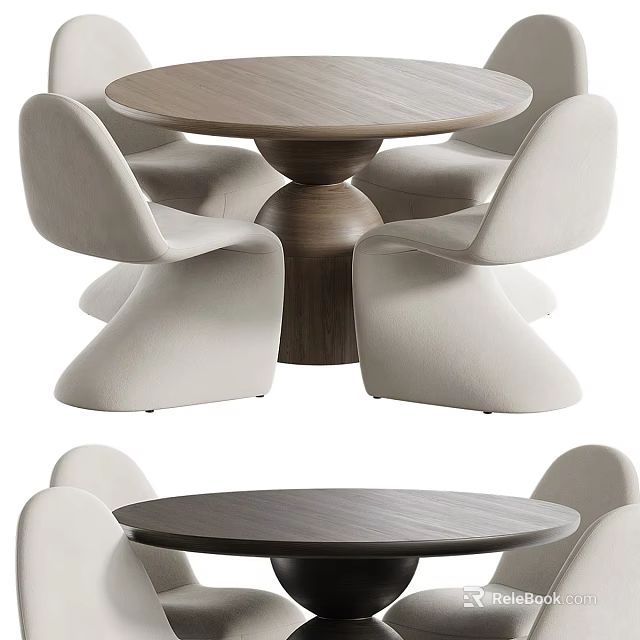 Modern Minimalist Dining Table Set With Round Wooden Tabletop And Beige Upholstered Chairs 3d model 