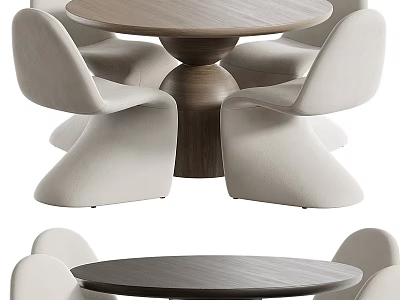 Modern Minimalist Dining Table Set With Round Wooden Tabletop And Beige Upholstered Chairs 3d model