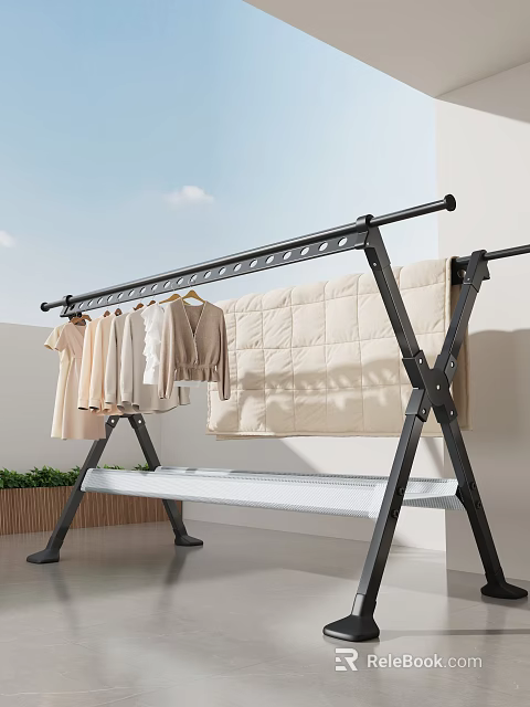 Home Balcony With Clothes Drying Rack Hanging Shirts And Quilt In Natural Light 3d model 