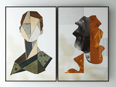 Abstract Geometric Portrait Collage Art With Orange Gray Tones And Paper Texture Wall Decor 3d model