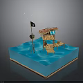 Water Platform Scene Featuring Hut With Straw Roof Black Flag Wooden Chairs And Flying Birds