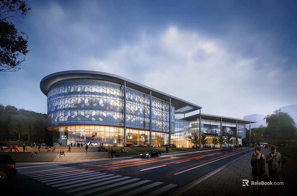 Modern Commercial Complex With Glass Facade Illuminated At Night And Urban Pedestrians 3d model 