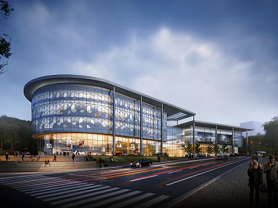 Modern Commercial Complex With Glass Facade Illuminated At Night And Urban Pedestrians 3d model