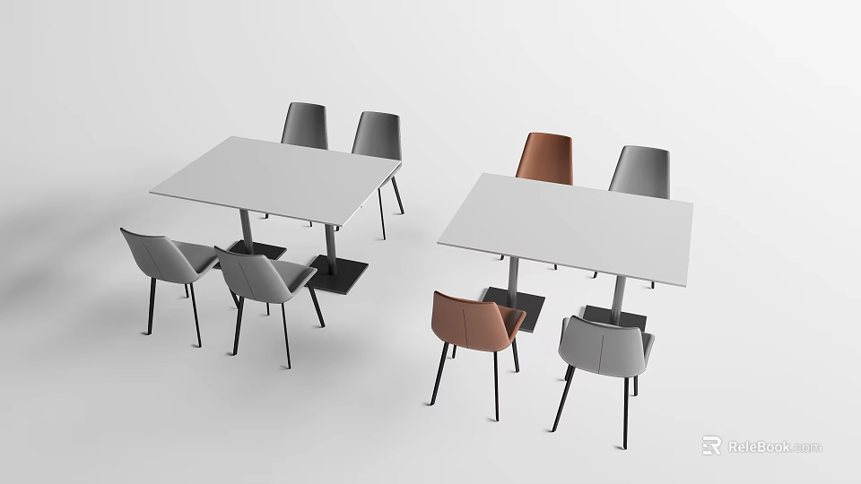 Modern Rectangular Dining Table Set with White Tabletop and Gray Brown Chairs 3d model