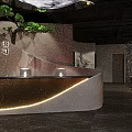 Modern Restaurant Interior With Curved Reception Desk Moon Lamp And Green Plant
