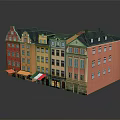 Cartoon Scene Street View Featuring Colorful Buildings Different Roof Shapes And Ground Floor Shop Awnings