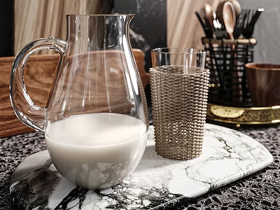 Stylish Glass Pitcher and Woven Tumbler on Marble Tray with Wooden Utensil Holder 3d model