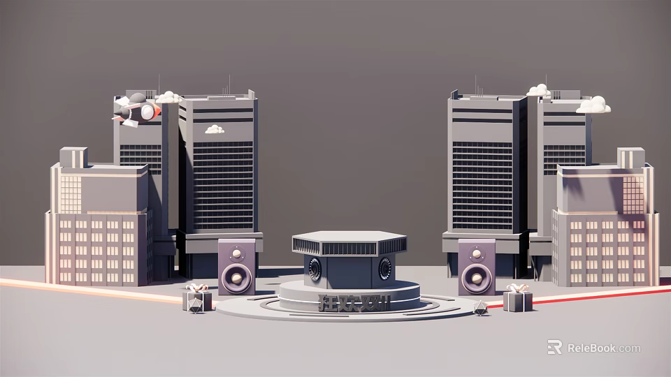 Modern Architectural Model Decor With Tall Buildings Circular Central Structure And Speakers 3d model