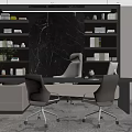 Elegant Modern Office Desk With Two Gray Chairs Bookshelves And Marble Backdrop