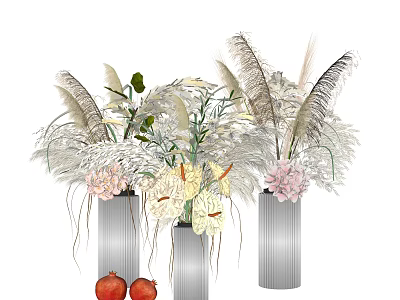 Modern Silver Vases With White Flowers Pink Hydrangeas And Pampas Grass With Red Pomegranates 3d model