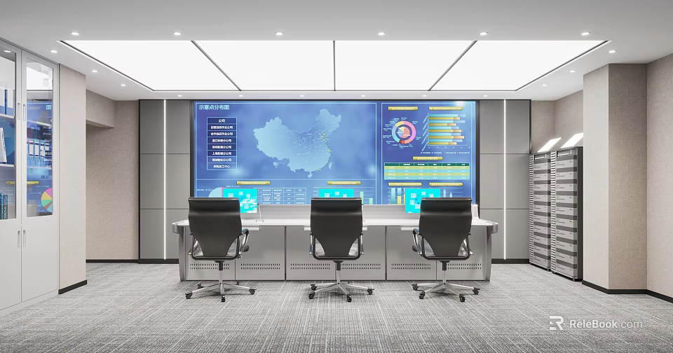 Modern Control Room Interior With Large Data Display Screen Control Console And Chairs 3d model