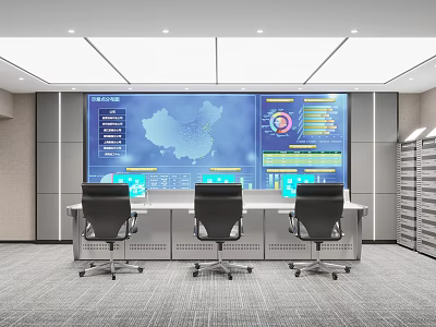 Modern Control Room Interior With Large Data Display Screen Control Console And Chairs 3d model