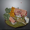 Red House With Red Roof Green Orange Trees Small Outbuilding Grass Path Flag On Roof