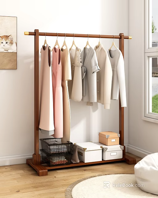 Organized Closet With Hanging Clothes In Soft Colors And Storage Boxes 3d model 