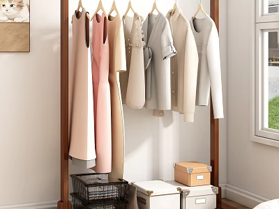 Organized Closet With Hanging Clothes In Soft Colors And Storage Boxes 3d model