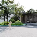 Garden Landscape With Paved Path Green Trees Lawn And Modern Buildings