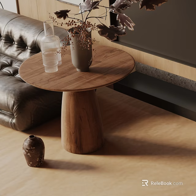 Round Wooden Side Table With Decorative Vase And Dried Plants Next To Leather Sofa 3d model 