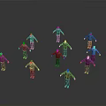 Multiple Human Figures In Various Poses With Different Colored Clothing On Gray Background 3d model