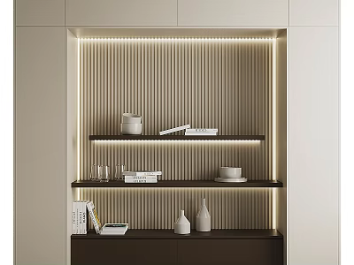 Modern Minimalist Chest of Drawers With Striped Background Wall Shelves And Decorative Lighting 3d model