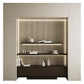 Modern Minimalist Chest of Drawers With Striped Background Wall Shelves And Decorative Lighting