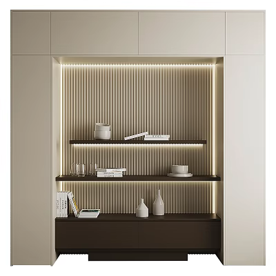Modern Minimalist Chest of Drawers With Striped Background Wall Shelves And Decorative Lighting 3d model
