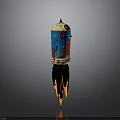 Vibrant Colorful Rocket Model With Blue Yellow Design And Flame Thrusters For Space Exploration