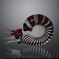 Nautilus With Red And Black Striped Spiral Shell Red Eyes And Tentacles On Gray Background