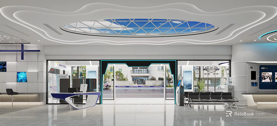 Modern Service Hall Interior Design With Glass Doors Reception Desk Seating And Ceiling Design 3d model 