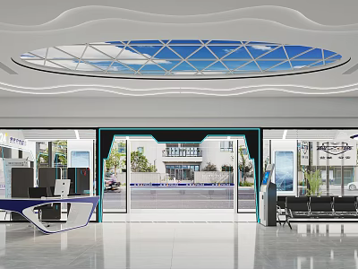Modern Service Hall Interior Design With Glass Doors Reception Desk Seating And Ceiling Design 3d model