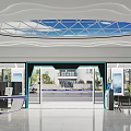 Modern Service Hall Interior Design With Glass Doors Reception Desk Seating And Ceiling Design