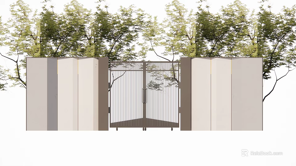 Modern Courtyard Garden Entrance Design With Metal Gate White Walls And Green Trees 3d model 