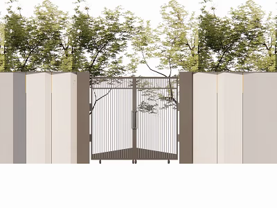 Modern Courtyard Garden Entrance Design With Metal Gate White Walls And Green Trees 3d model