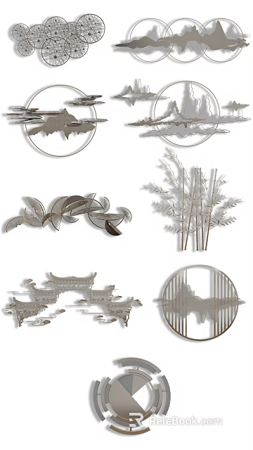 Metallic Wall Decor With Leaf Patterns Bamboo Designs And Circular Ornaments 3d model