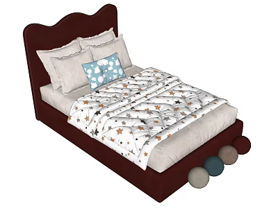 Kids Bed with Brown Headboard Blue Polka Dot Pillow Star Moon Quilt and Colorful Balls 3d model