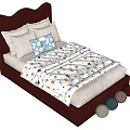 Kids Bed with Brown Headboard Blue Polka Dot Pillow Star Moon Quilt and Colorful Balls