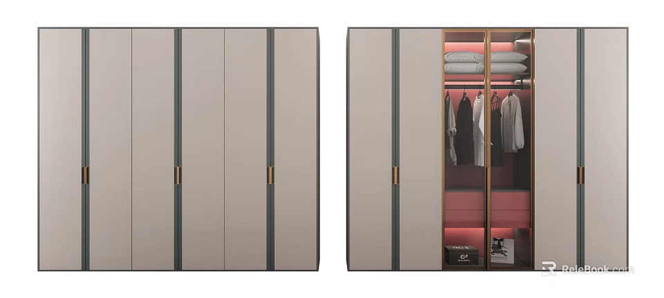 Modern Minimalist Wardrobe With Open Interior Hanging Rods Shelves And Metal Handles 3d model 