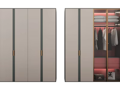 Modern Minimalist Wardrobe With Open Interior Hanging Rods Shelves And Metal Handles 3d model