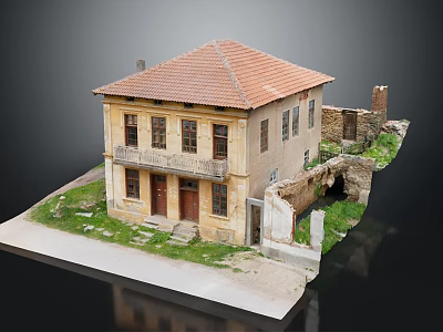 Old Two Story Building With Red Tile Roof Yellow Walls And Ruined Surrounding Grass 3d model