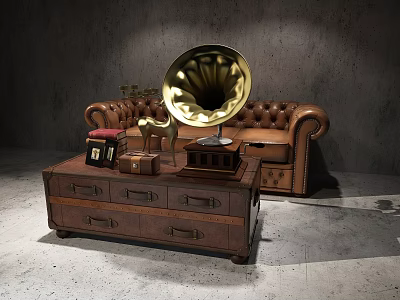 Three Seater Vintage Leather Sofa with Brass Gramophone and Leather Coffee Table in Industrial Room 3d model