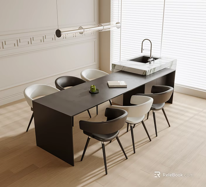 Modern Dining Table And Chairs Set Black Tabletop White And Black Chairs Blinds Window 3d model 