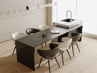 Modern Dining Table And Chairs Set Black Tabletop White And Black Chairs Blinds Window 3d model